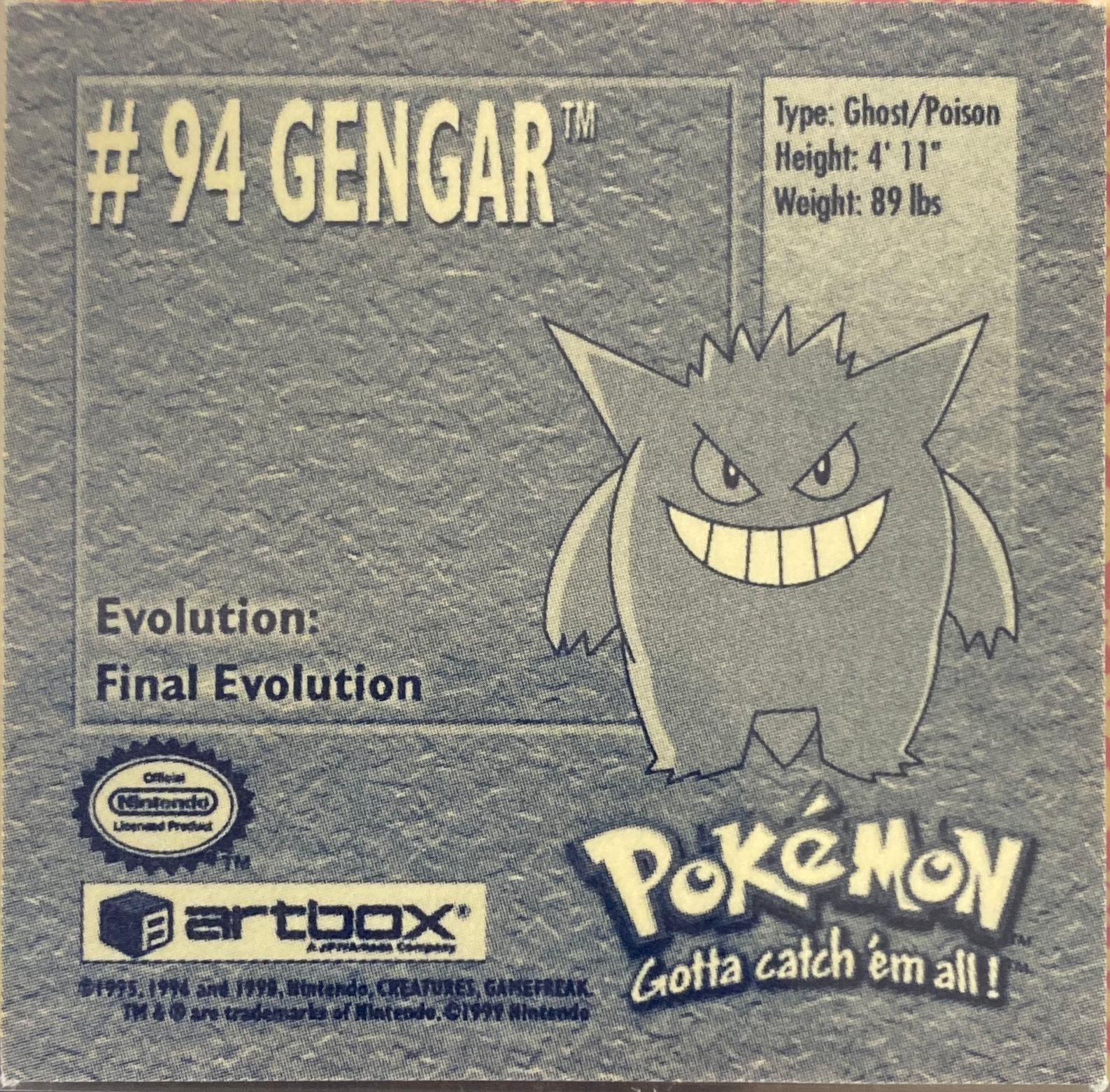 Gengar sticker #94, Artbox (USA) Pokémon Artbox Stickers (1999), back