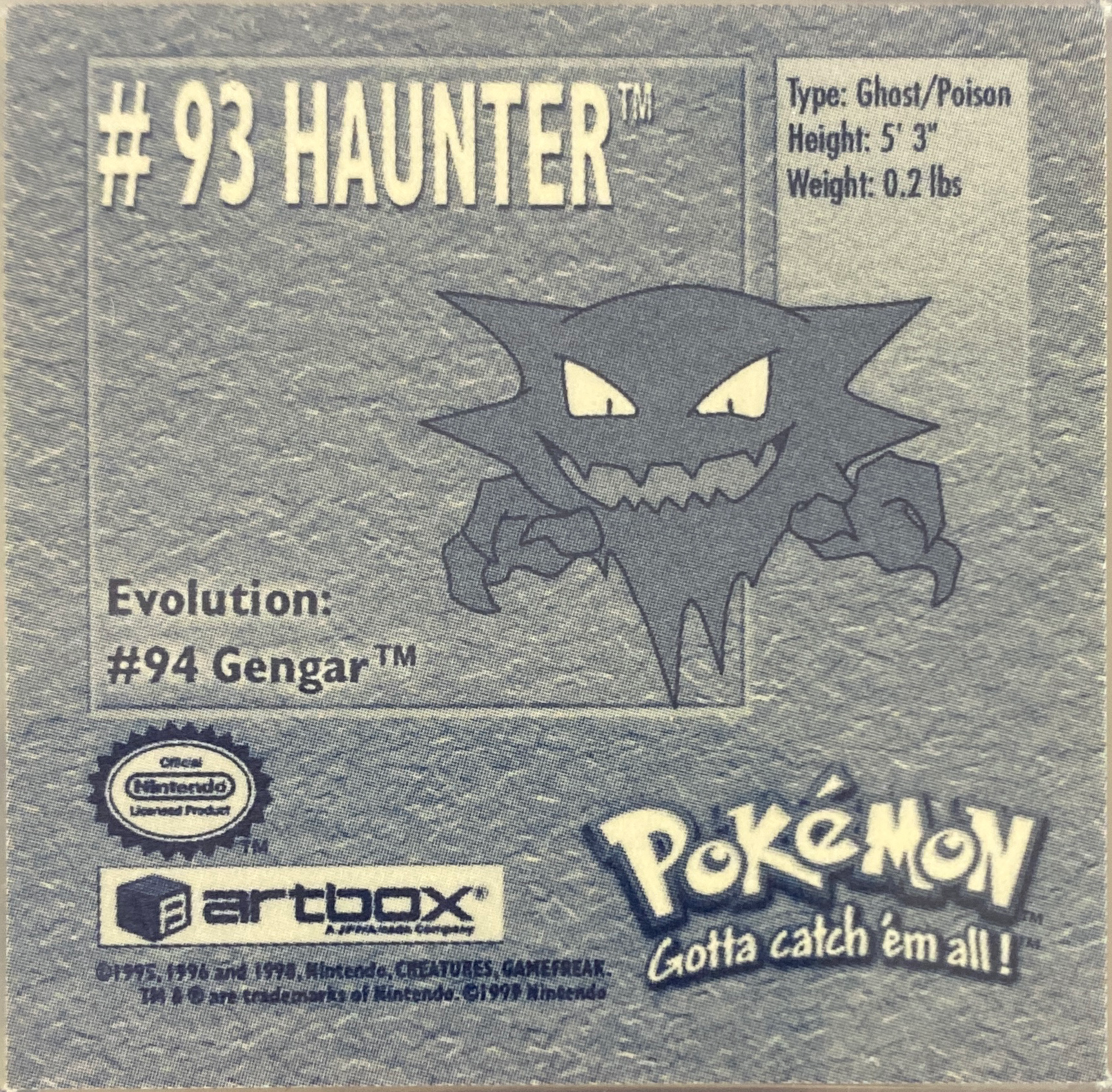 Haunter sticker #93, Artbox (USA) Pokémon Artbox Stickers (1999), back