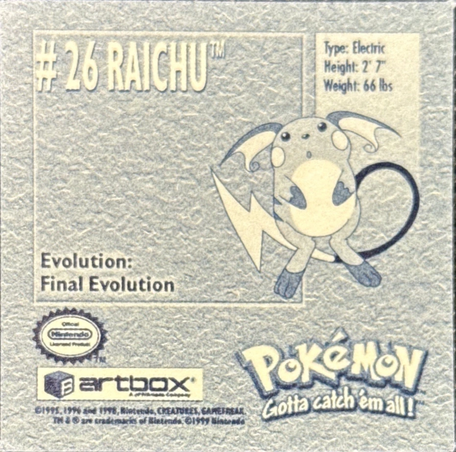 Raichu sticker #26, Artbox (USA) Pokémon Artbox Stickers (1999), back