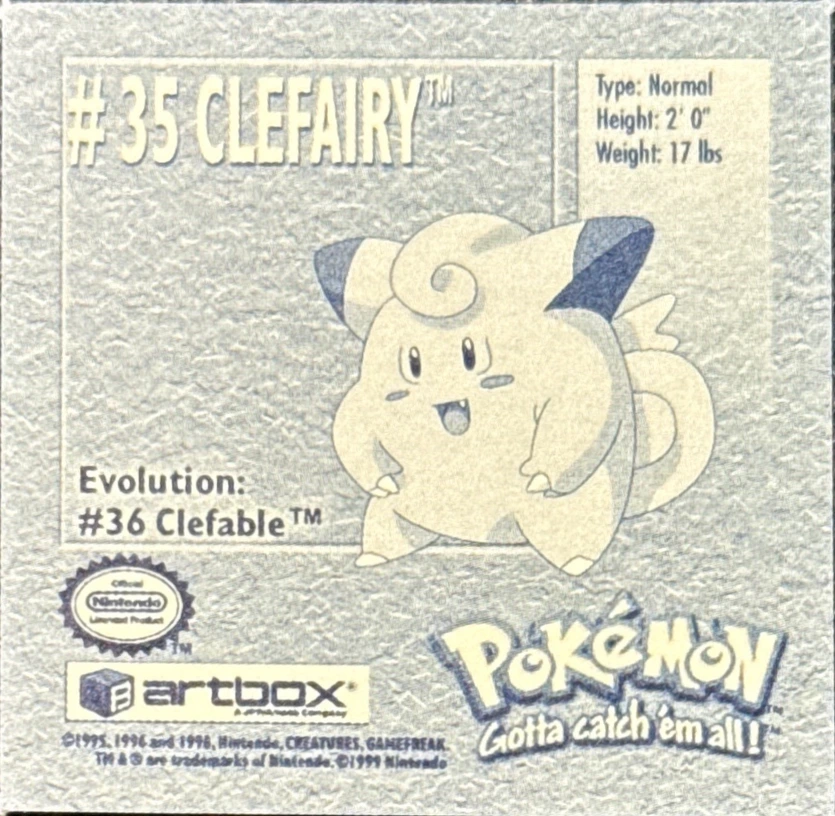 Clefairy sticker #35, Artbox (USA) Pokémon Artbox Stickers (1999), back