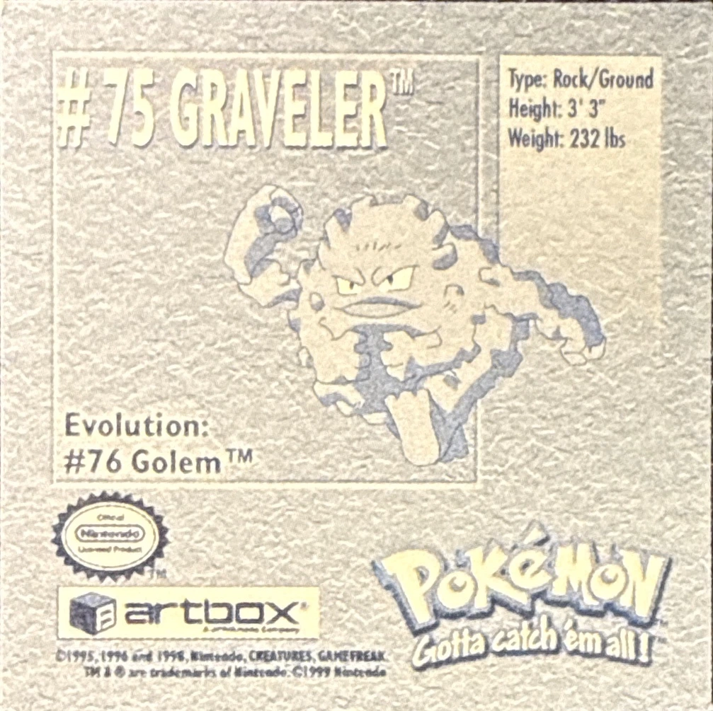 Graveler sticker #75, Artbox (USA) Pokémon Artbox Stickers (1999), back