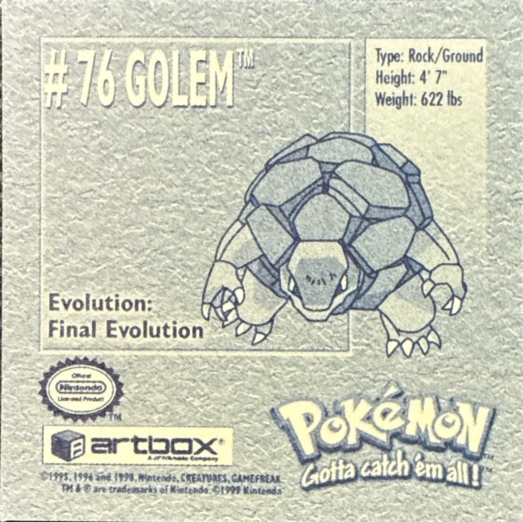 Golem sticker #76, Artbox (USA) Pokémon Artbox Stickers (1999), back
