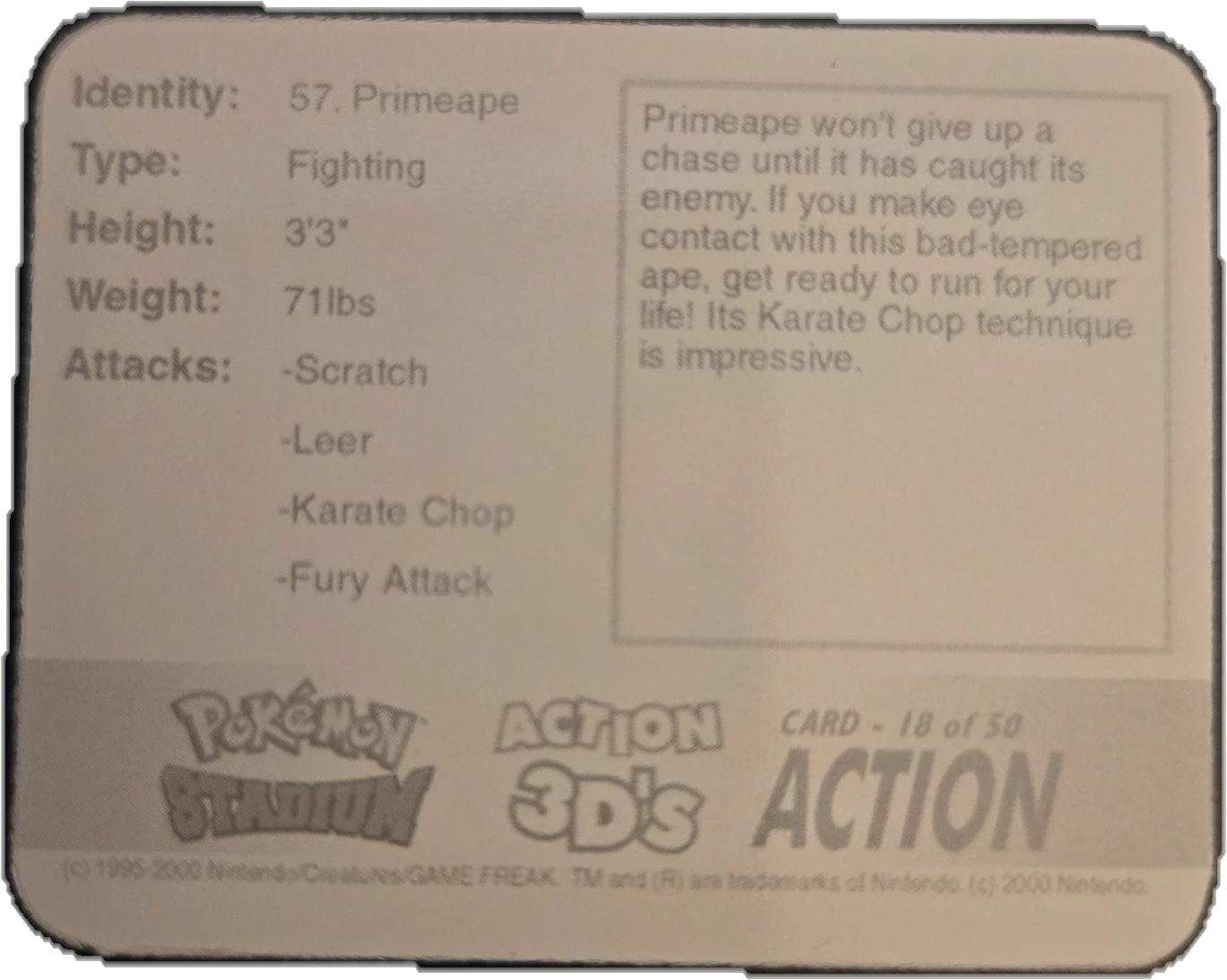 Primeape collectible, Pokémon Stadium Action 3D’s, back