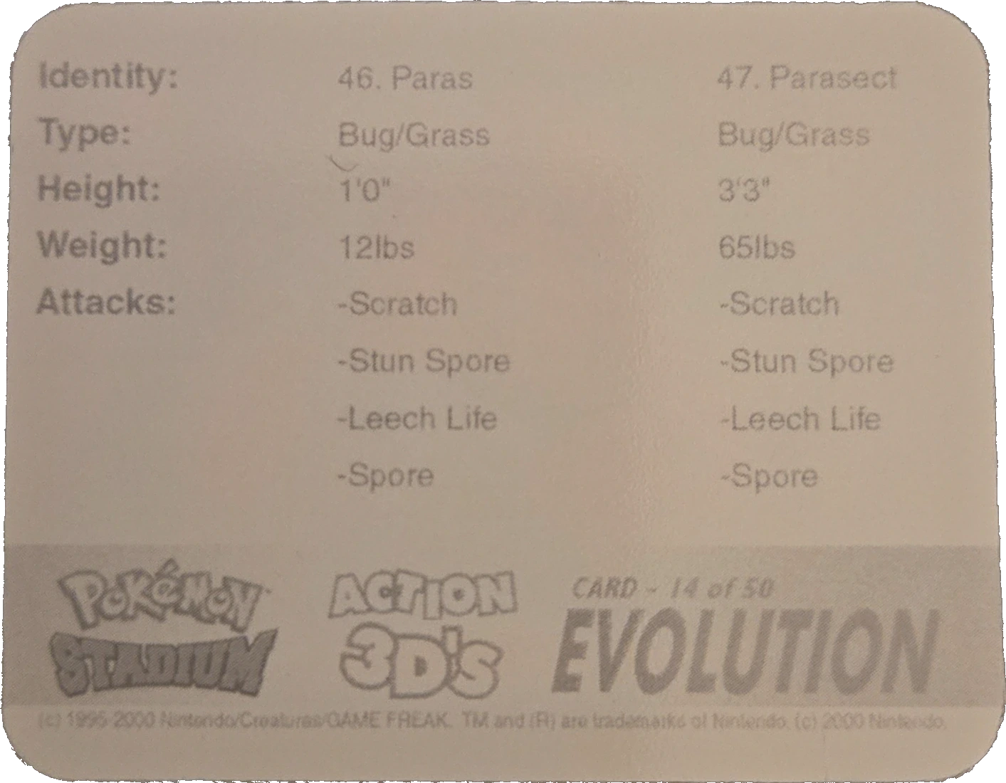 Paras / Parasect collectible, Pokémon Stadium Action 3D’s, back