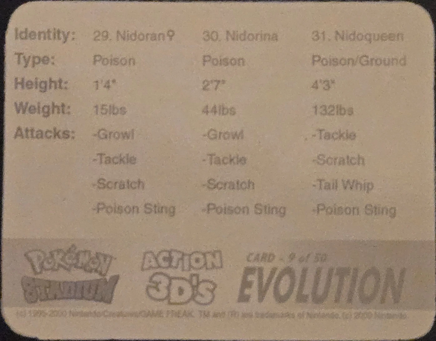 Nidoran♀ / Nidorina / Nidoqueen collectible, Pokémon Stadium Action 3D’s, back