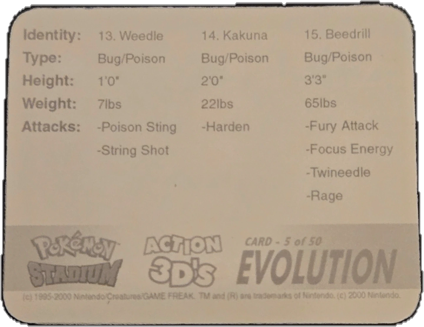 Weedle / Kakuna / Beedrill collectible, Pokémon Stadium Action 3D’s, back