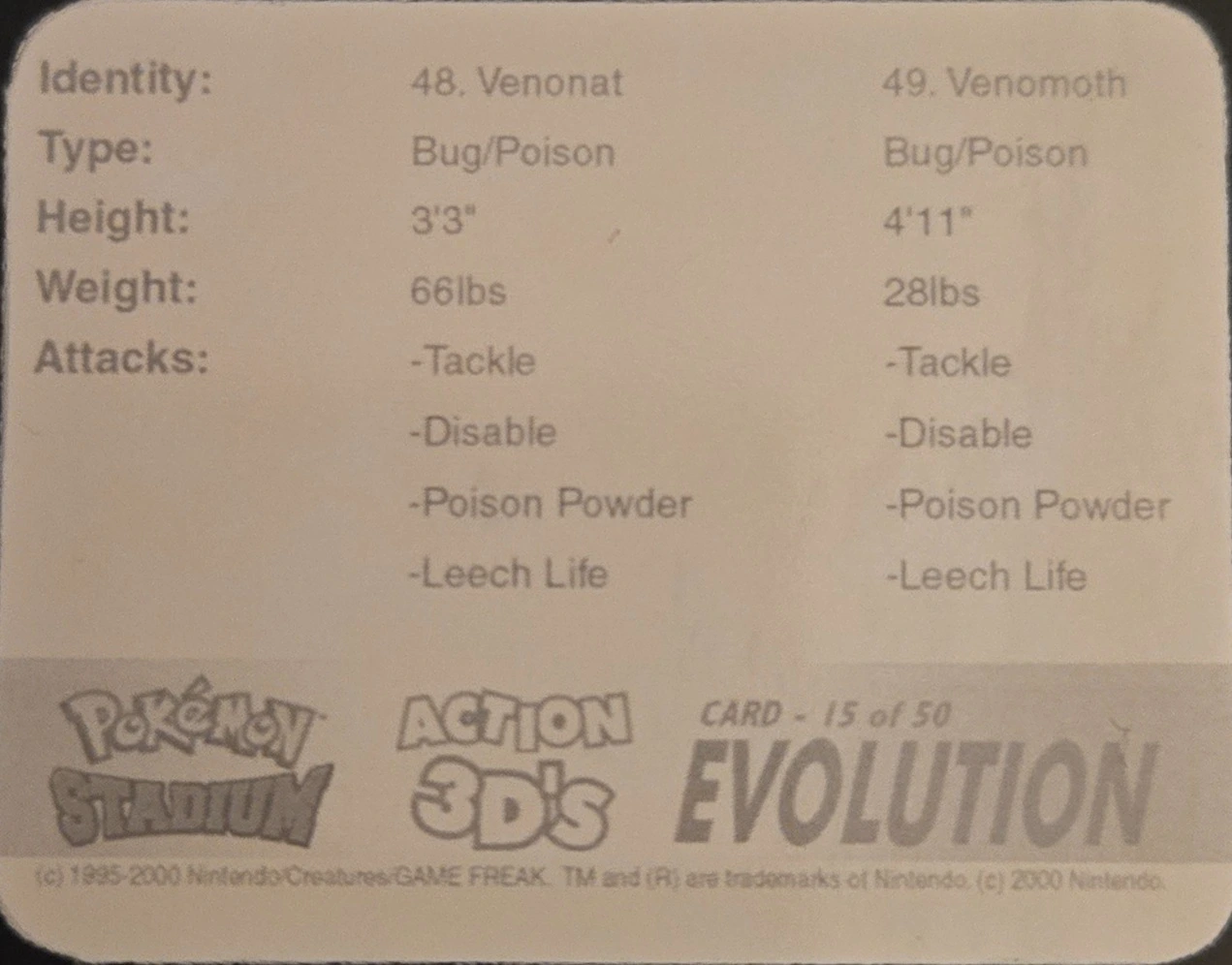 Venonat / Venomoth collectible, Pokémon Stadium Action 3D’s, back