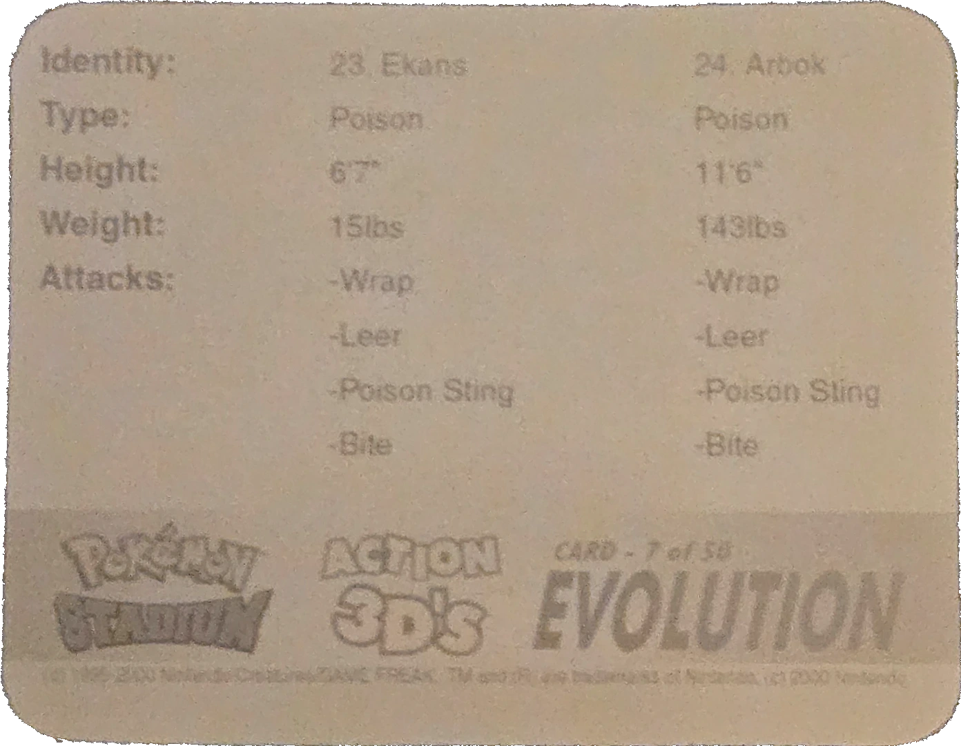 Ekans / Arbok collectible, Pokémon Stadium Action 3D’s, back