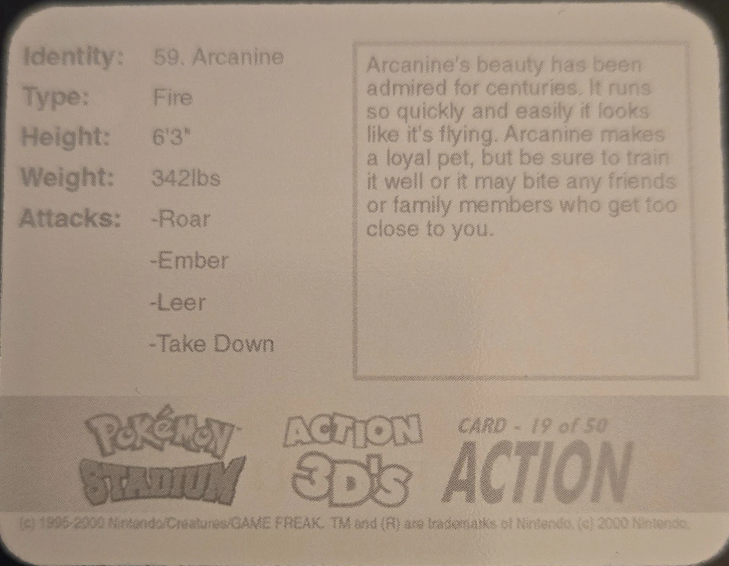 Arcanine collectible, Pokémon Stadium Action 3D’s, back