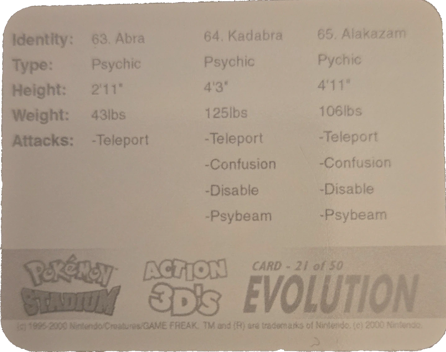 Abra / Kadabra / Alakazam collectible, Pokémon Stadium Action 3D’s, back