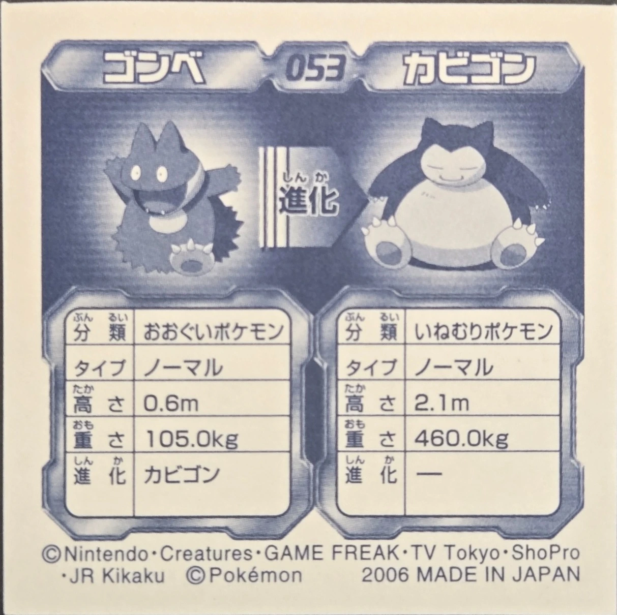 Munchlax ⇄ Snorlax sticker #053, Pokémon Ensky Strongest Sticker Legend W Checklist (2006), back