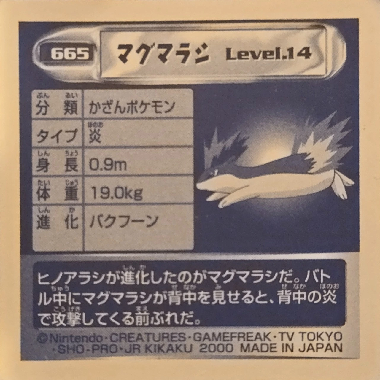Quilava sticker #665, Pokémon Amada Hyper Sticker Collection 4 Checklist (2000), Non Holo, back