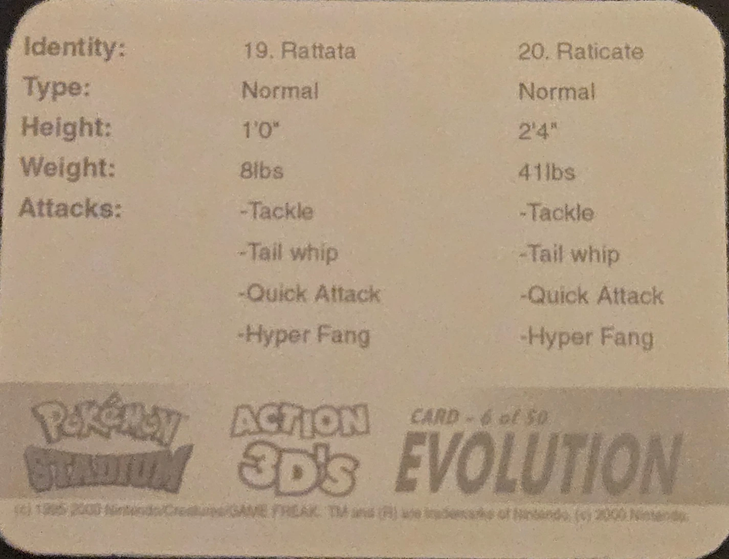 Rattata / Raticate collectible, Pokémon Stadium Action 3D’s, back