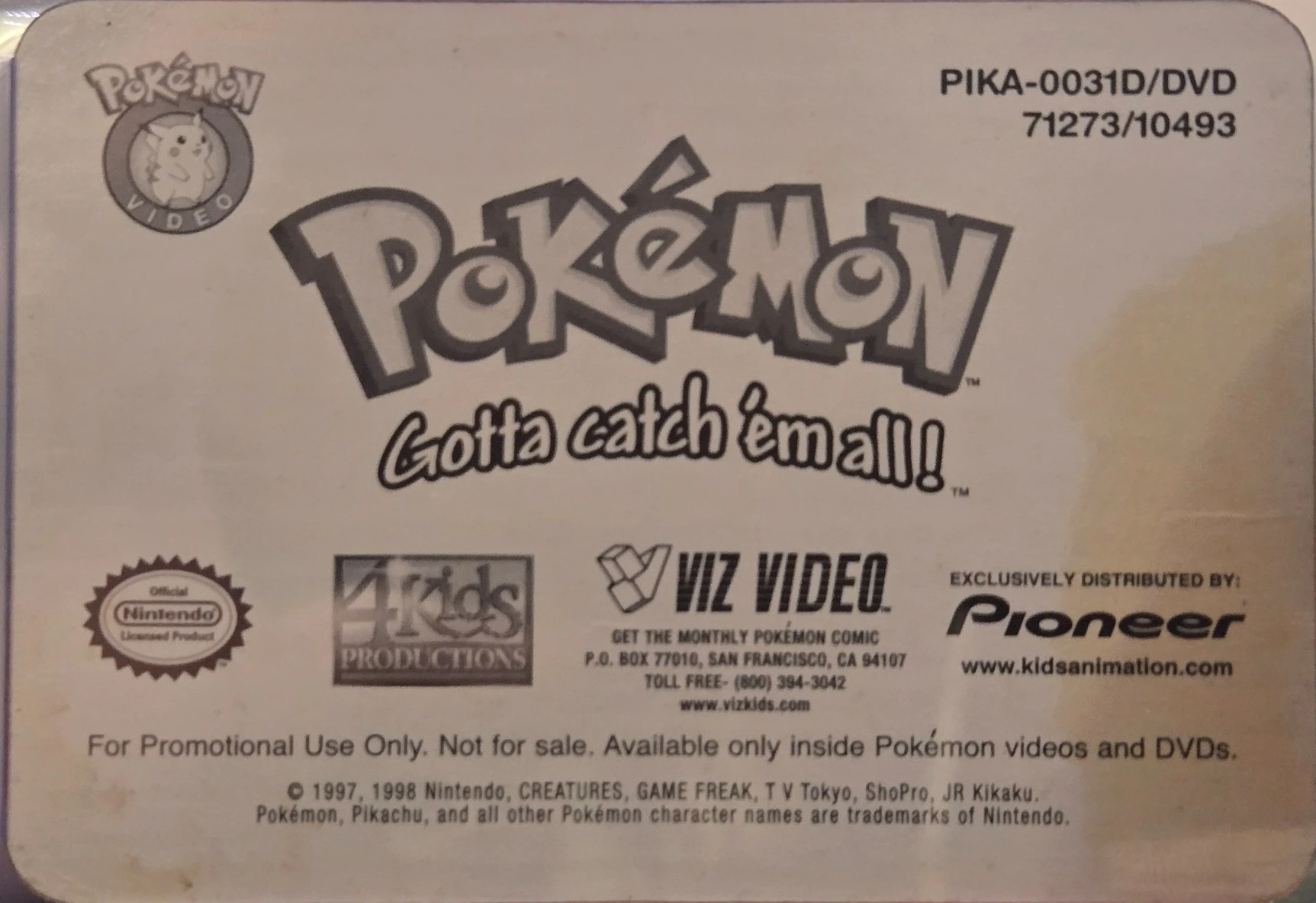Gengar card #31, Pokémon Pioneer/Viz VHS Lenticular Cards Checklist, back