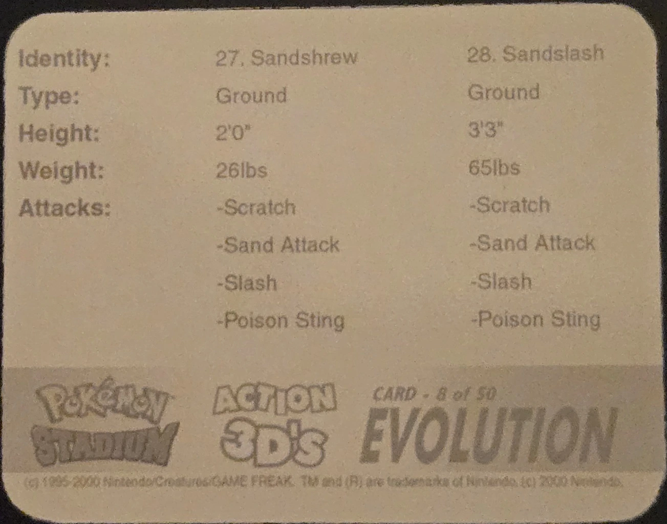 Sandshrew / Sandslash collectible, Pokémon Stadium Action 3D’s, back