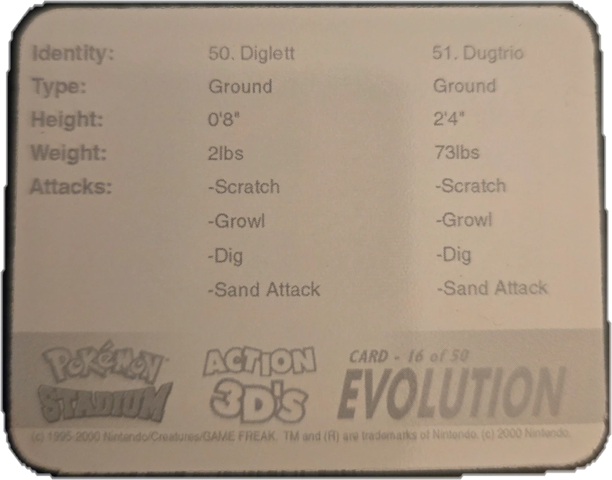 Diglett / Dugtrio collectible, Pokémon Stadium Action 3D’s, back