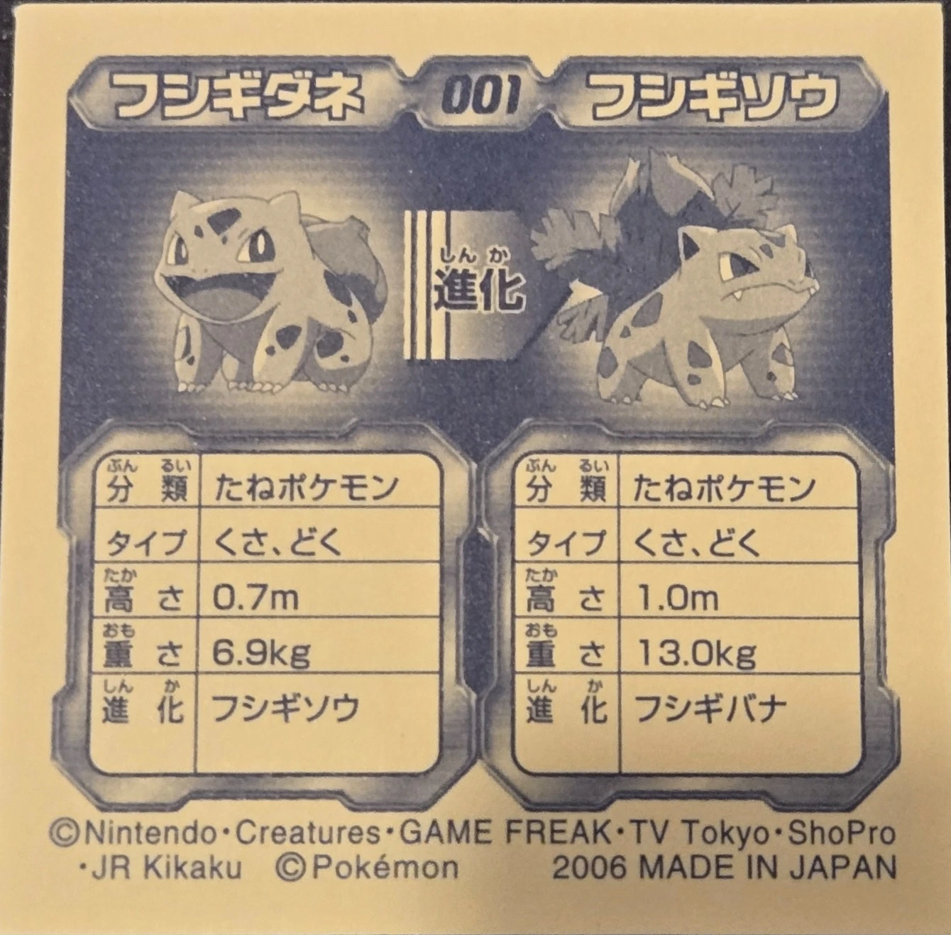 Bulbasaur ⇄ Ivysaur sticker #001, Pokémon Ensky Strongest Sticker Legend W Checklist (2006), back