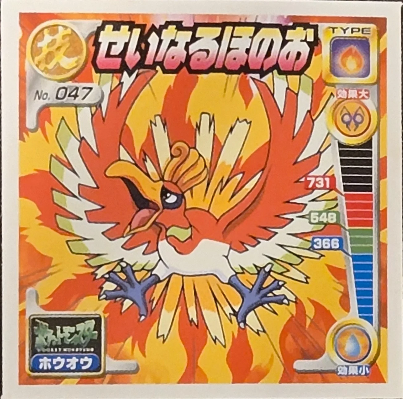 Ho-Oh Sacred Fire sticker #047, Pokémon Amada Attack Set 2 Stickers Checklist (2001), front