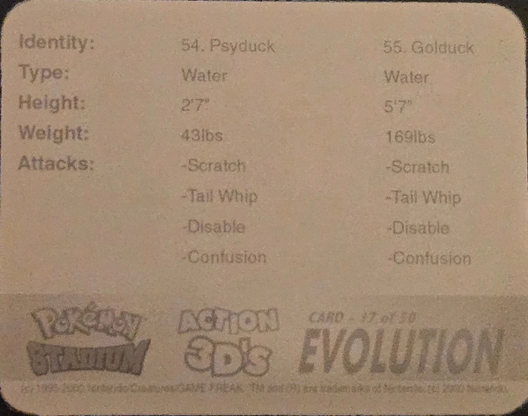 Psyduck / Golduck collectible, Pokémon Stadium Action 3D’s, back