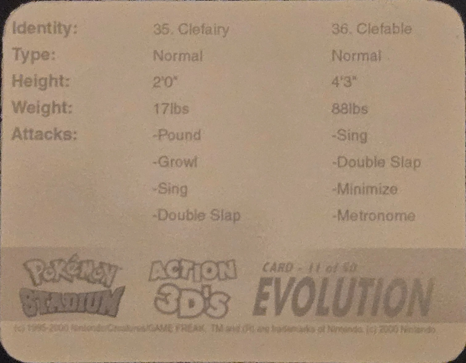 Clefairy / Clefable collectible, Pokémon Stadium Action 3D’s, back