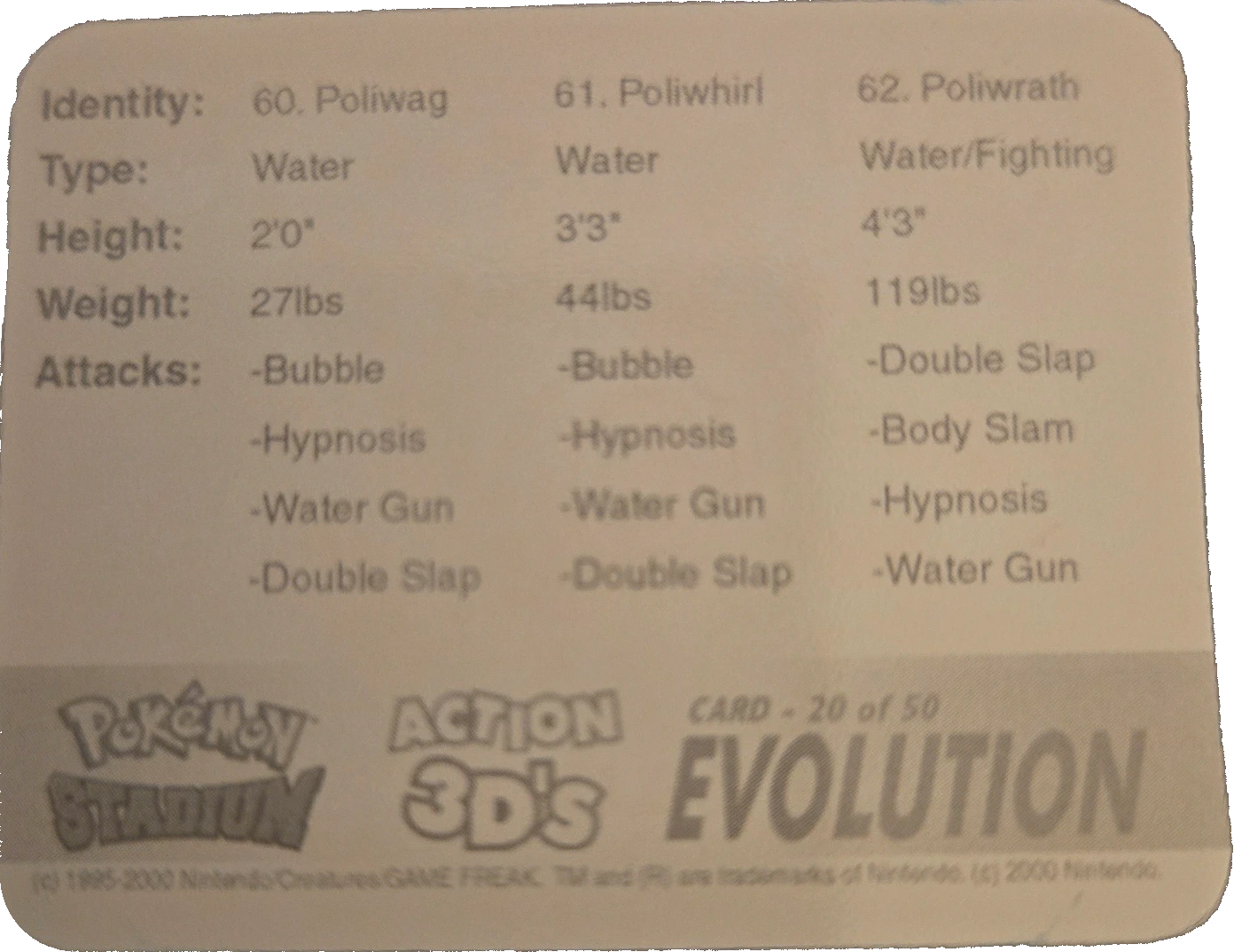 Poliwag / Poliwhirl / Poliwrath collectible, Pokémon Stadium Action 3D’s, back