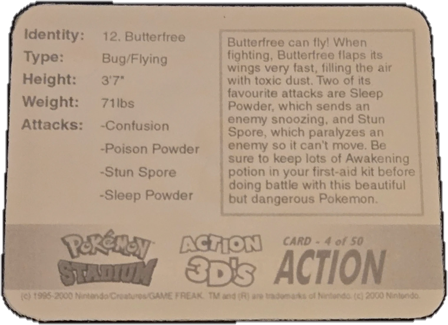 Butterfree collectible, Pokémon Stadium Action 3D’s, back