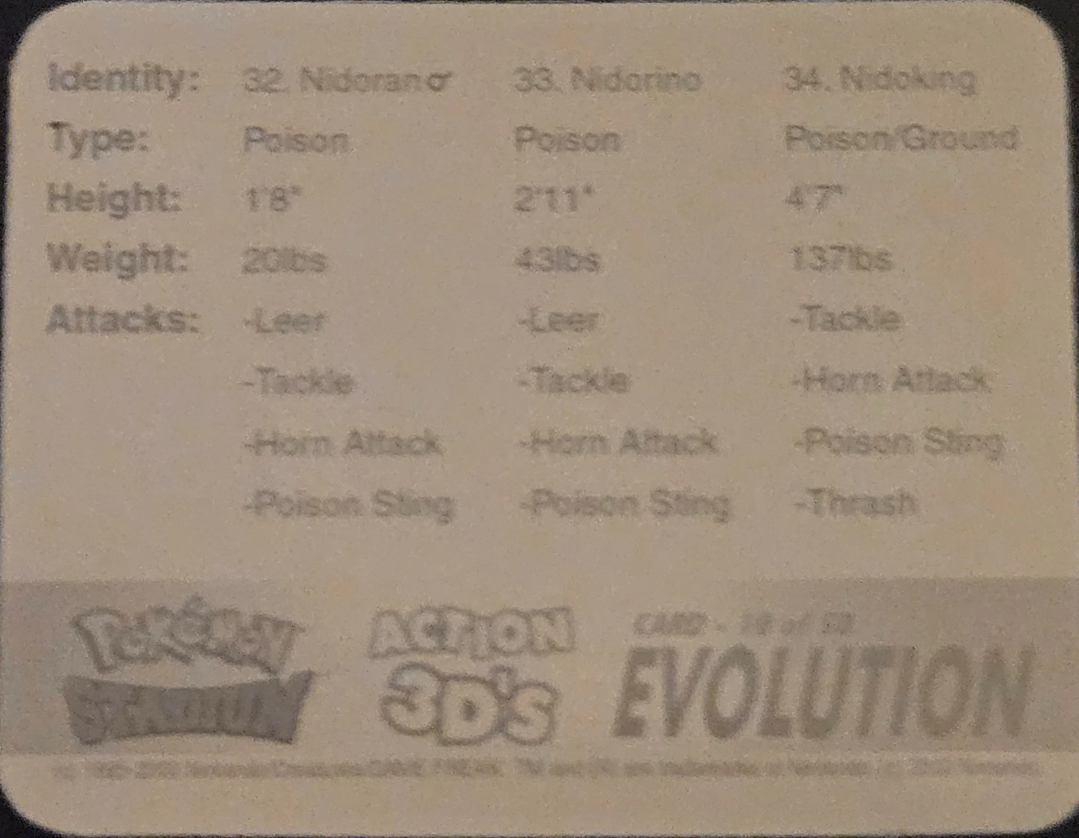 Nidoran♂ / Nidorino / Nidoking collectible, Pokémon Stadium Action 3D’s, back