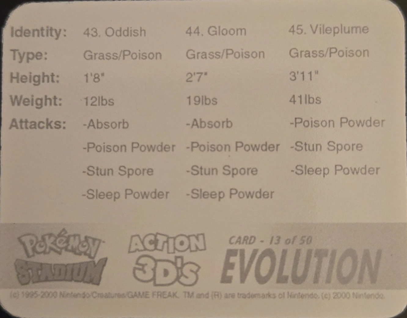 Oddish / Gloom / Vileplume collectible, Pokémon Stadium Action 3D’s, back