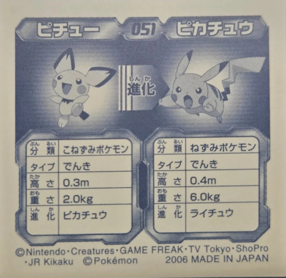 Pichu ⇄ Pikachu sticker #051, Pokémon Ensky Strongest Sticker Legend W Checklist (2006), back