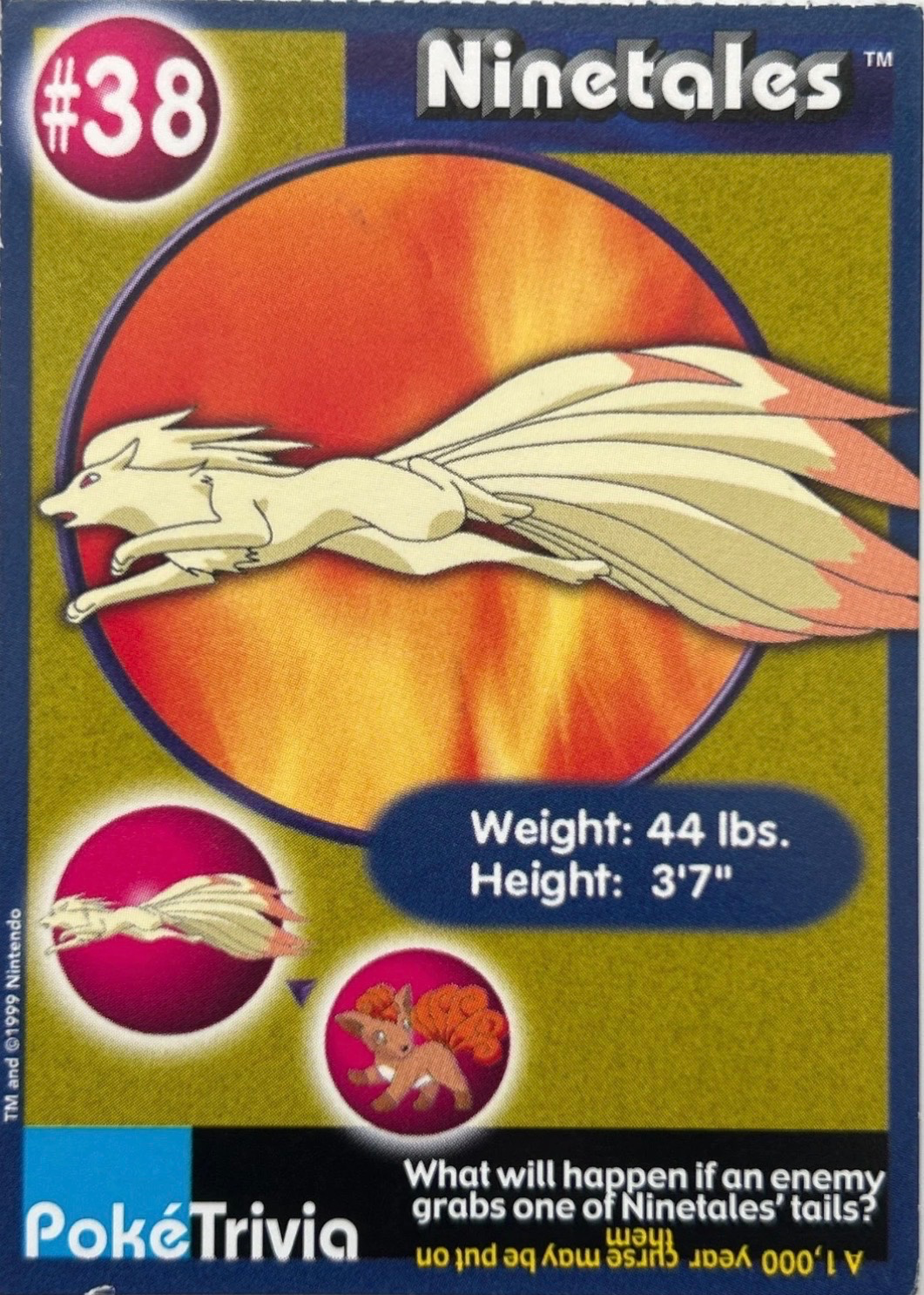 Ninetales card #38, Pokémon Burger King PokéTrivia Cards (1999) Checklist, front