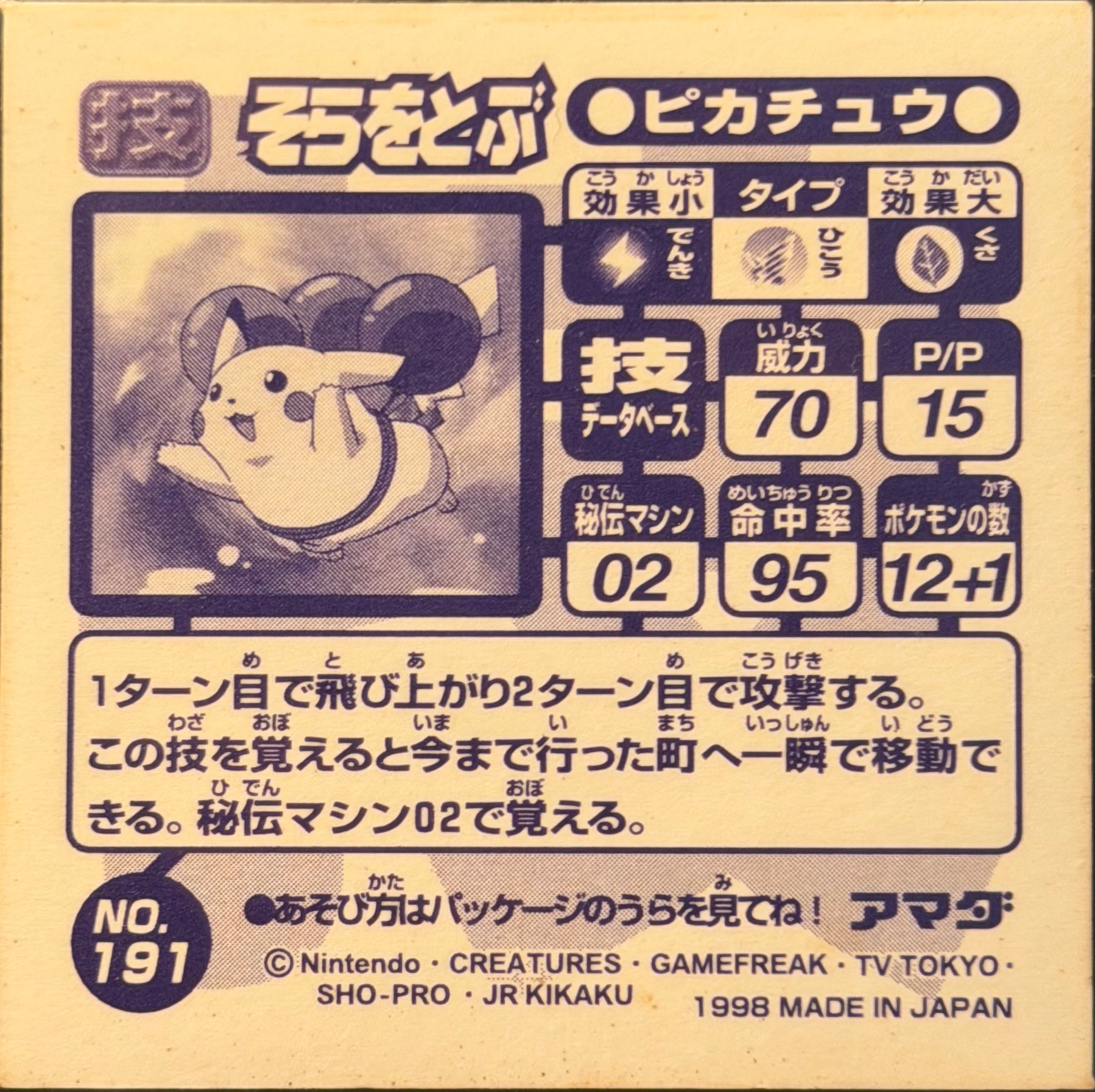 Flying Pikachu Fly sticker #191, Amada Attack Set 1 1998 · Pokemon Sticker Checklist, back