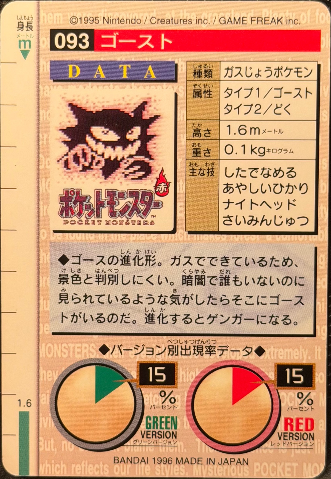 Haunter card #93, Bandai Pokémon Carddass Part 2 (1996), back