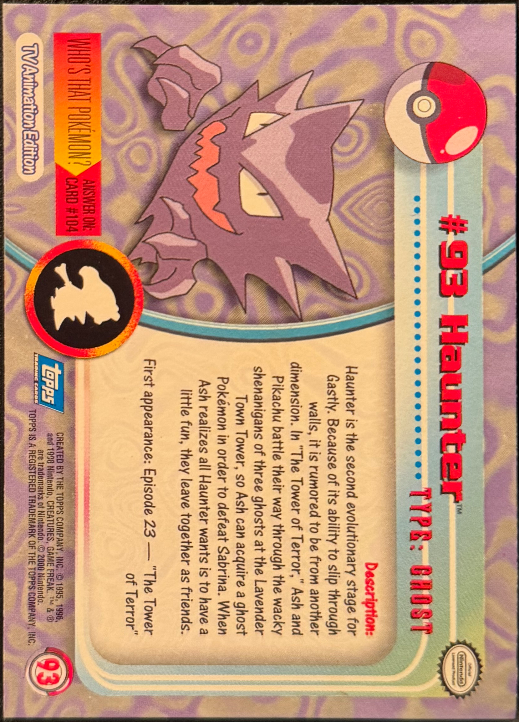 Haunter card #93, Pokemon Topps Series 2 (1999), back