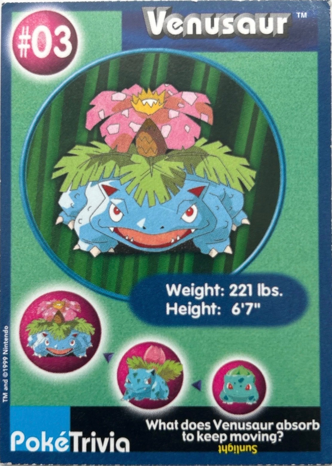 Venusaur card #03, Pokémon Burger King PokéTrivia Cards (1999) Checklist, front