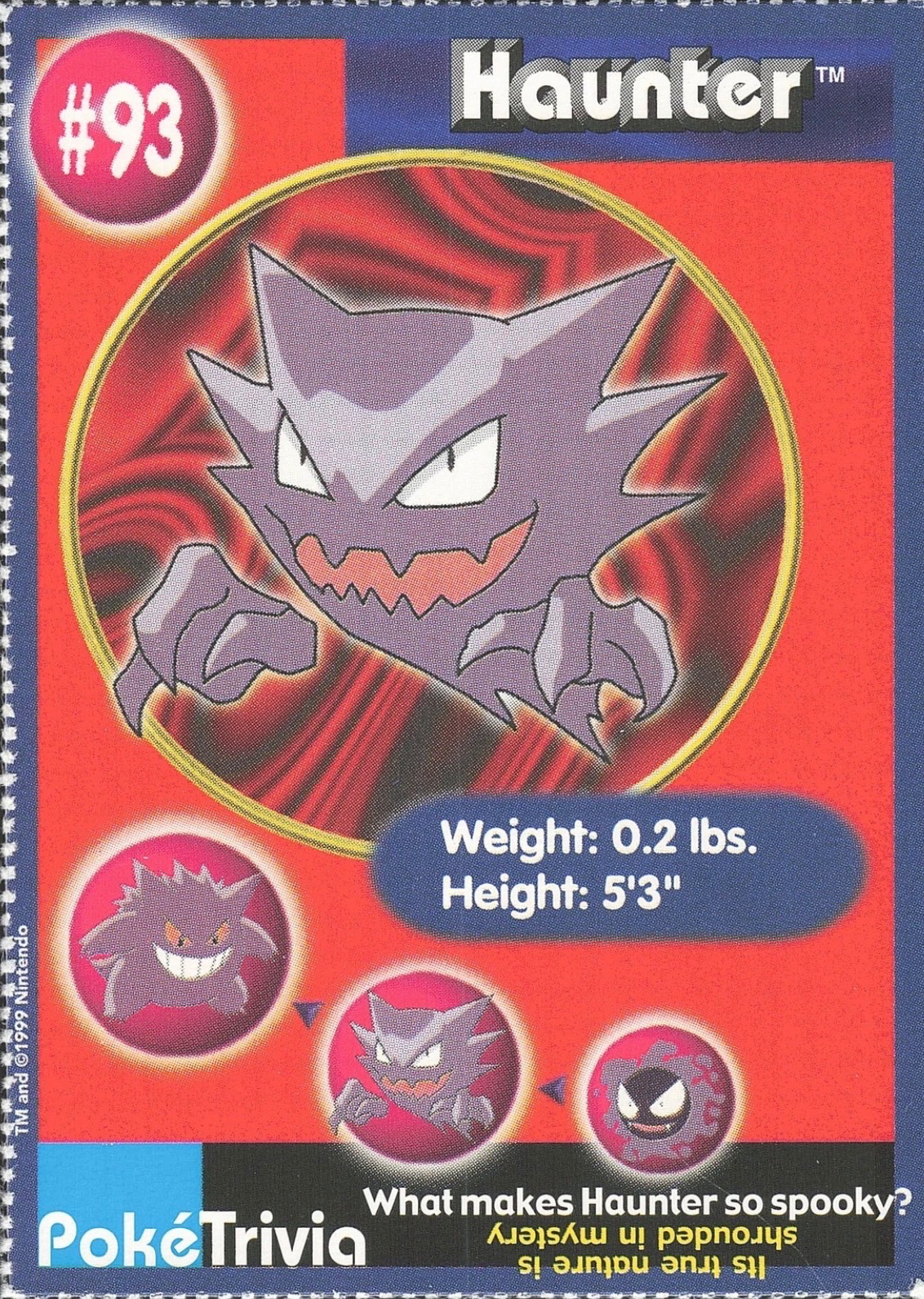 Haunter card #93, Pokémon Burger King PokéTrivia Cards (1999) Checklist, front