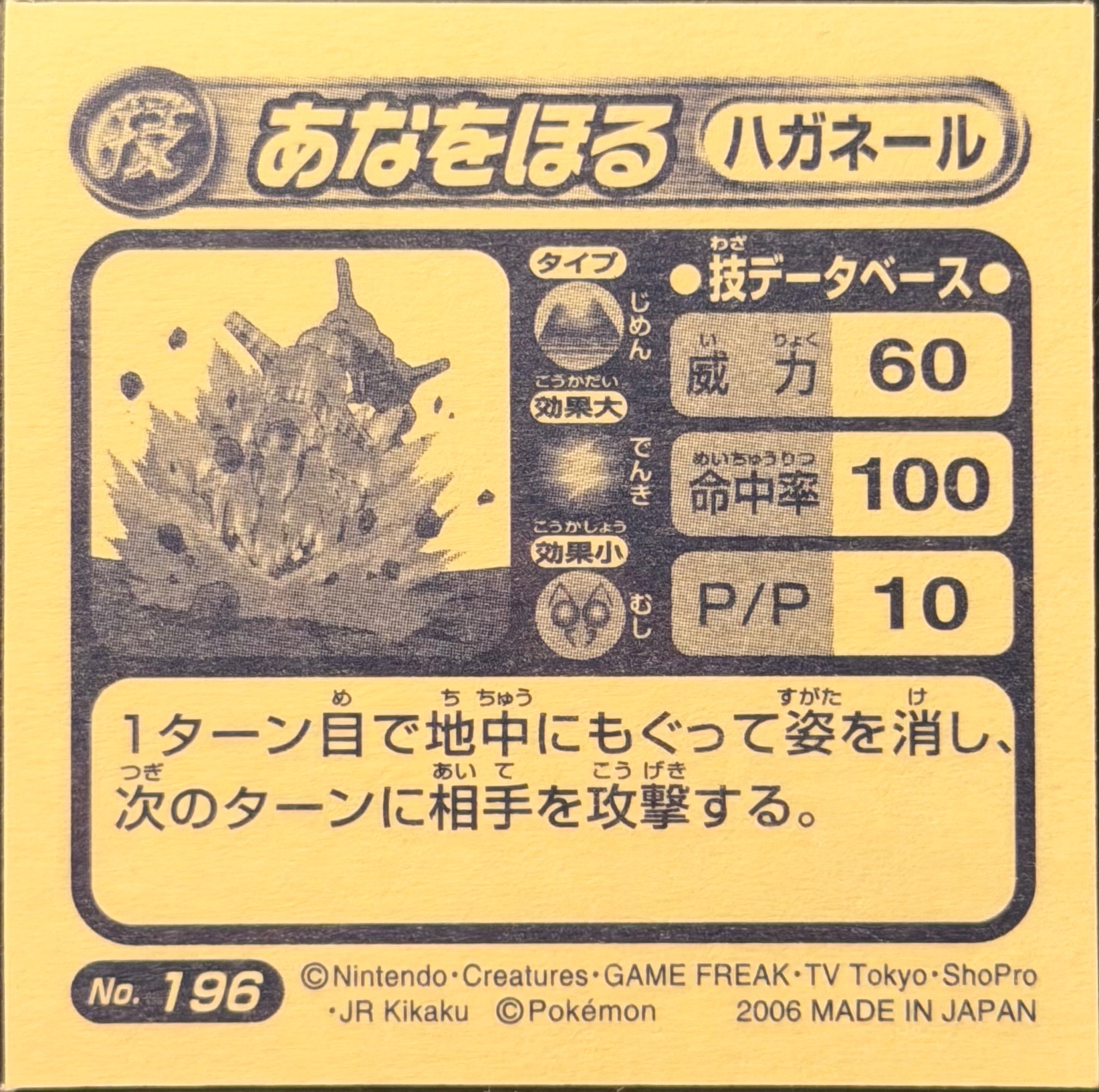 Steelix Dig sticker #196, Pokémon Ensky ADV DX Waza 4 Stickers Checklist (2005), Holo, back