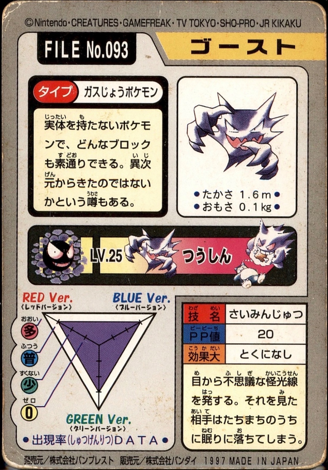 Haunter card, Bandai Pokémon Carddass Part 3 & 4 (1997), back