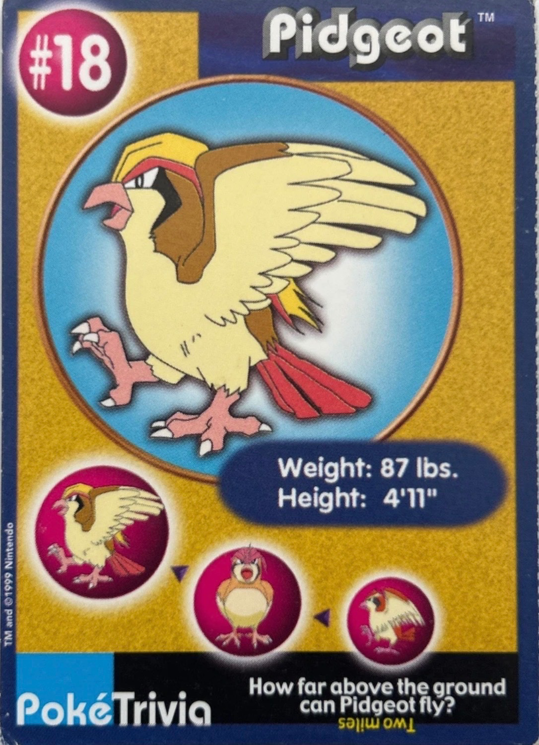 Pidgeot card #18, Pokémon Burger King PokéTrivia Cards (1999) Checklist, front