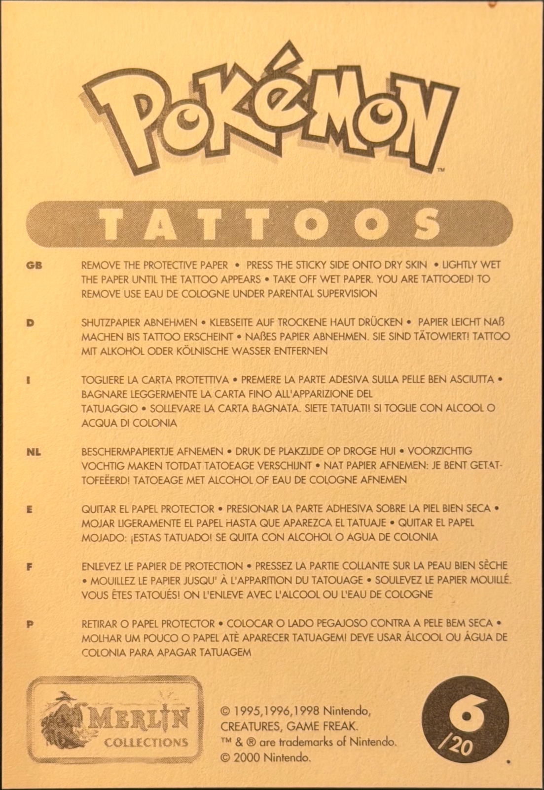 Blastoise / Gengar / Weepinbell collectible #6, Pokémon Merlin Tattoos (2000), back