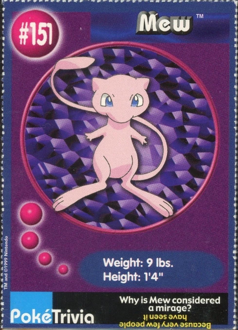 Mew card #151, Pokémon Burger King PokéTrivia Cards (1999) Checklist, front