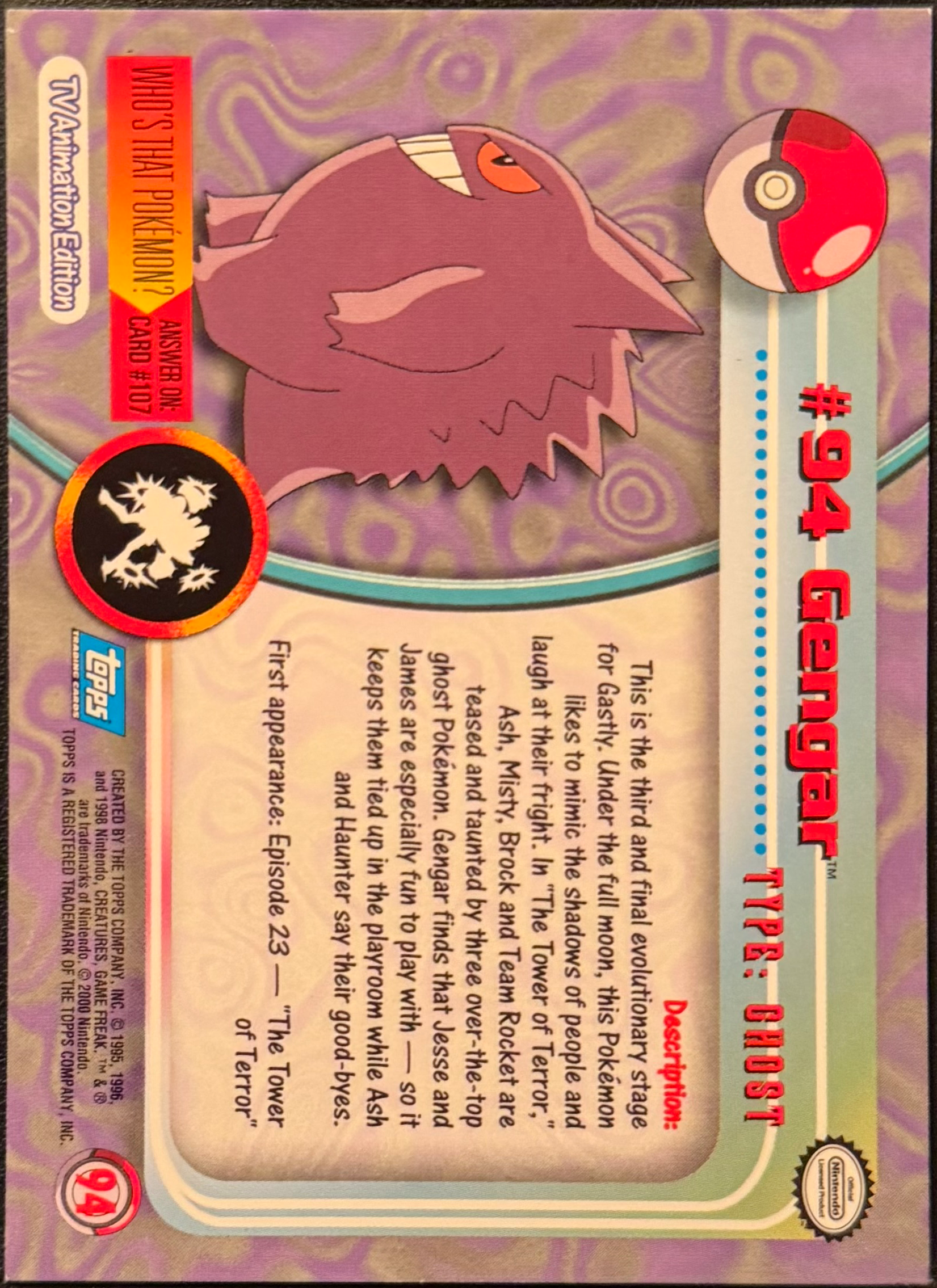 Gengar card #94, Pokemon Topps Series 2 (1999), back
