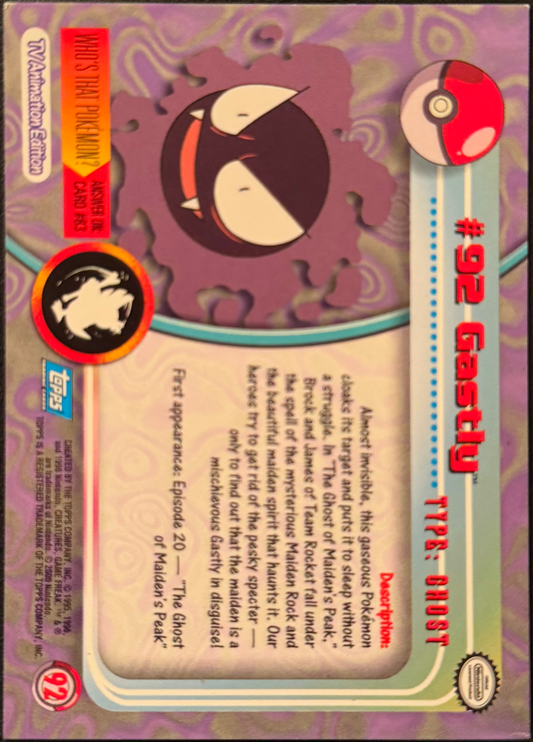 Gastly card #92, Pokemon Topps Series 2 (1999), back