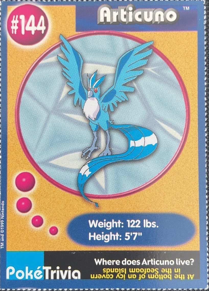 Articuno card #144, Pokémon Burger King PokéTrivia Cards (1999) Checklist, front