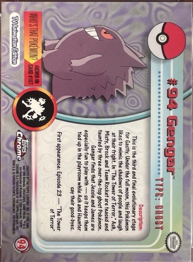 Gengar card #94, Pokemon Topps Chrome Series 2 (2000), back