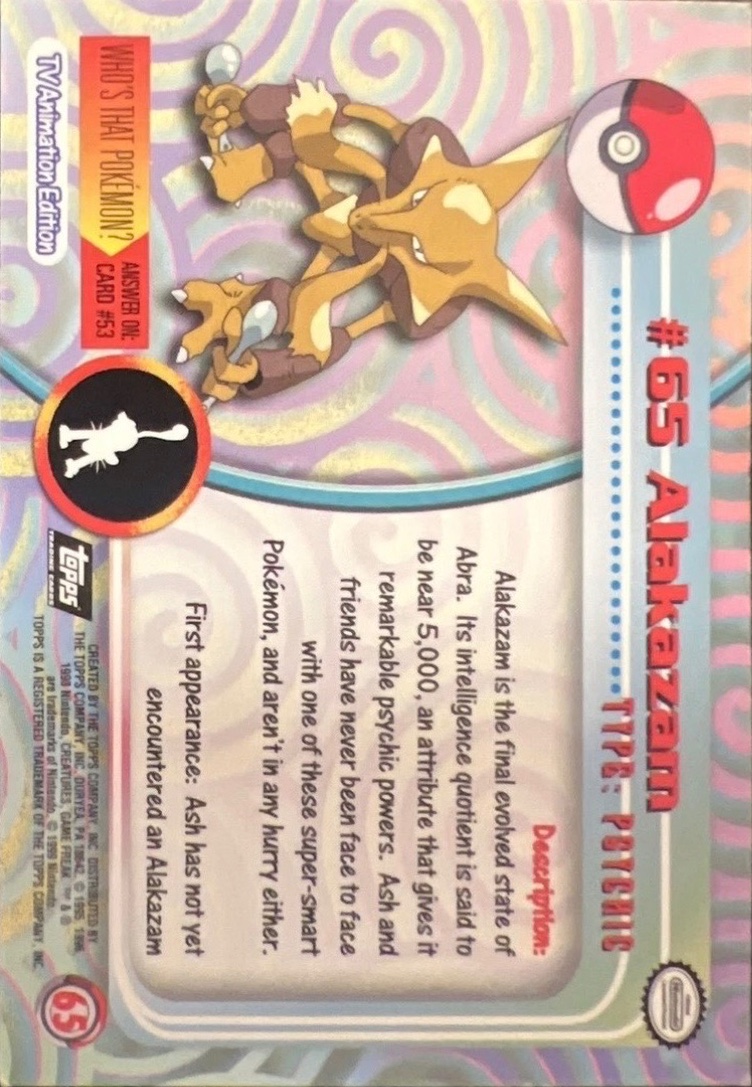 Alakazam card #65, Pokemon Topps Series 1 (1999), back