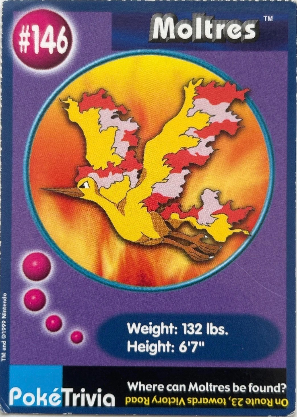 Moltres card #146, Pokémon Burger King PokéTrivia Cards (1999) Checklist, front
