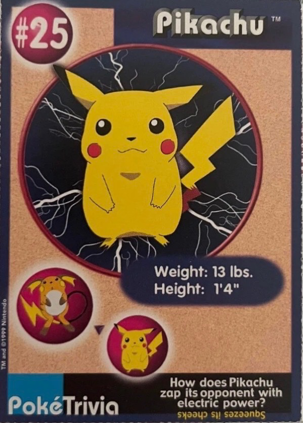 Pikachu card #25, Pokémon Burger King PokéTrivia Cards (1999) Checklist, front