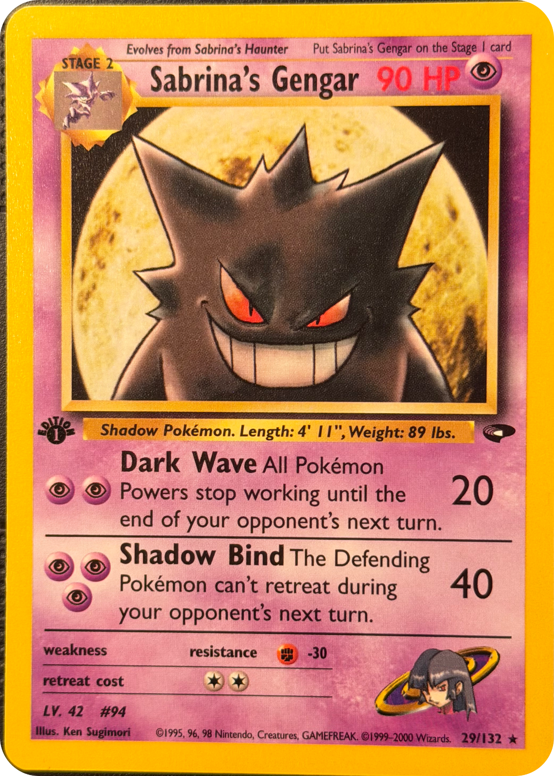 Sabrina's Gengar trading card #29, Gym Challenge Checklist (2000) · Pokémon TCG, front